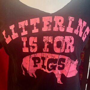 Black Graphic Tee with Pink Pig Print